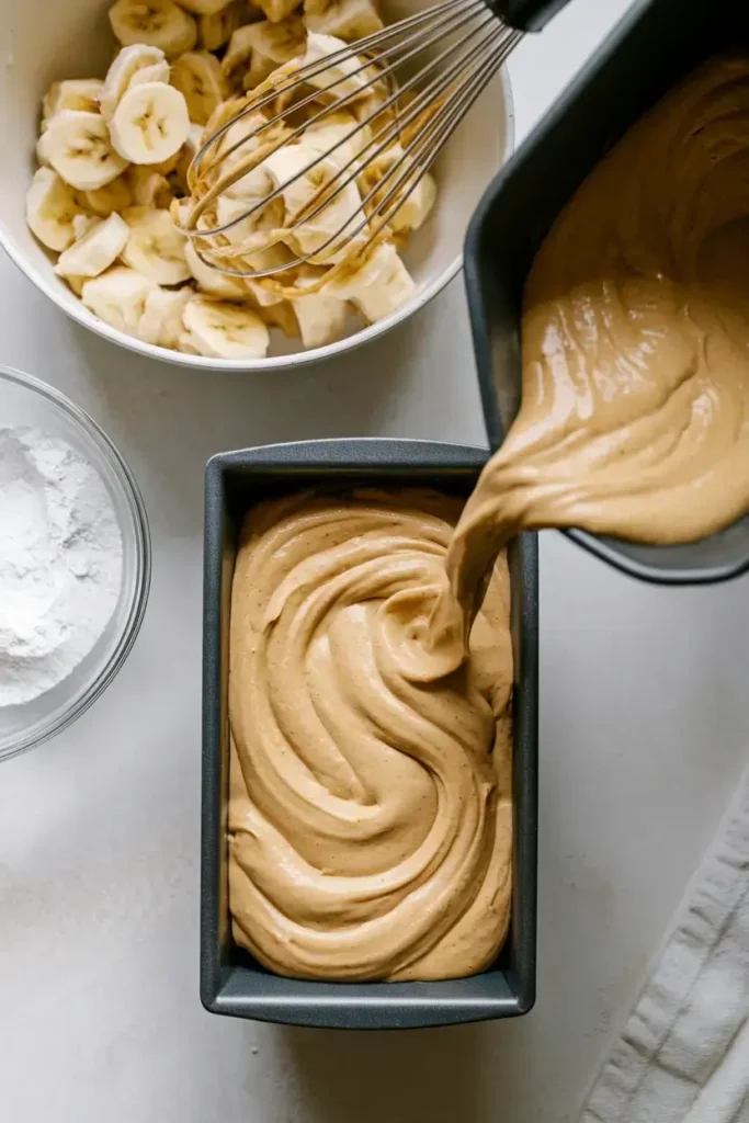 Mixing banana bread batter without butter, featuring sliced bananas and smooth batter being poured into a loaf pan.