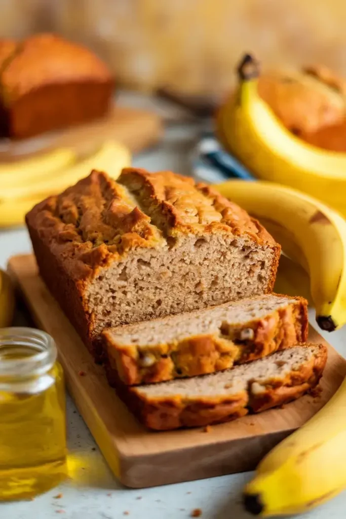 Freshly baked banana bread loaf without butter, sliced on a wooden board, surrounded by ripe bananas and a jar of oil.