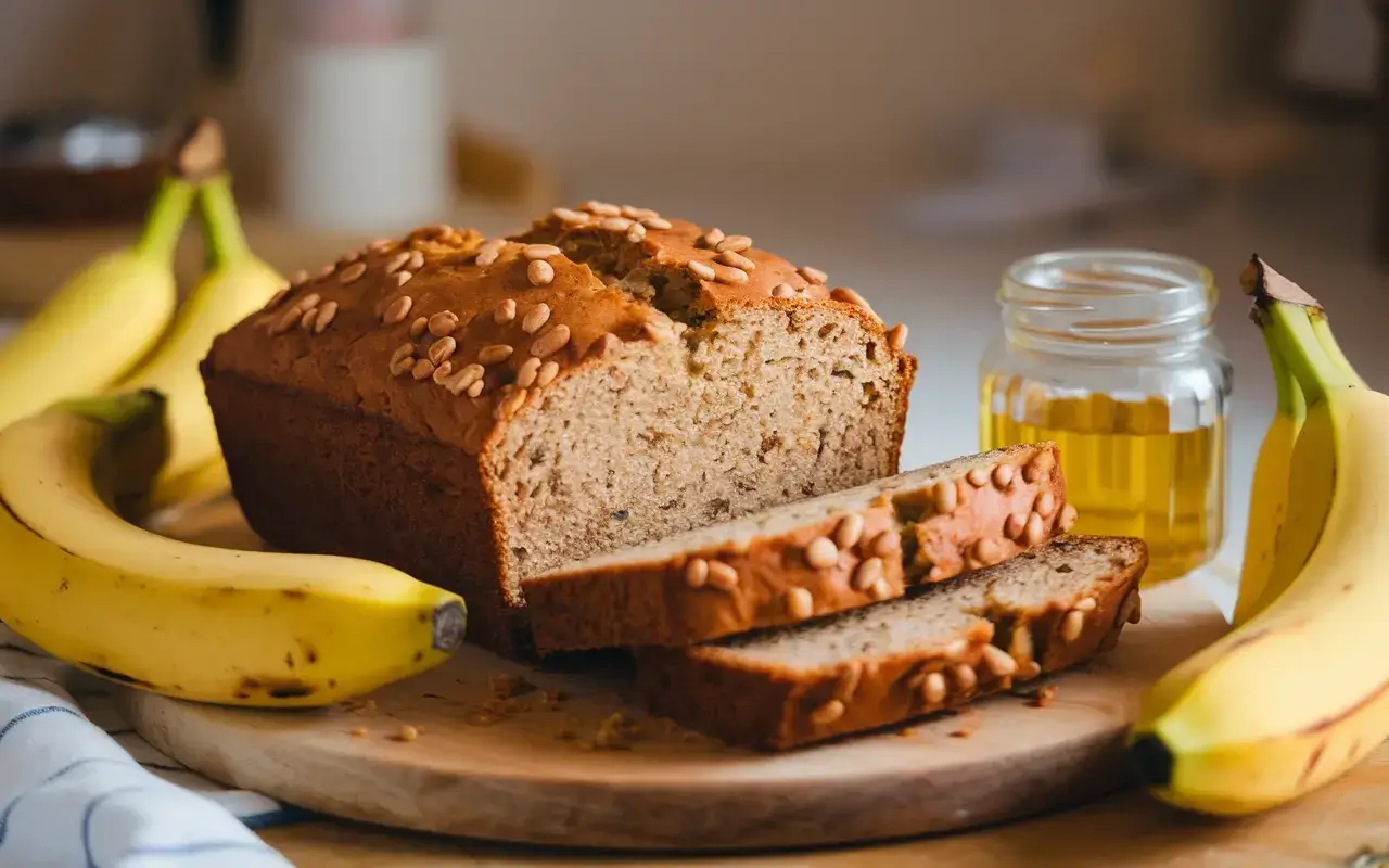 Banana bread loaf without butter topped with seeds, surrounded by bananas and a jar of oil.