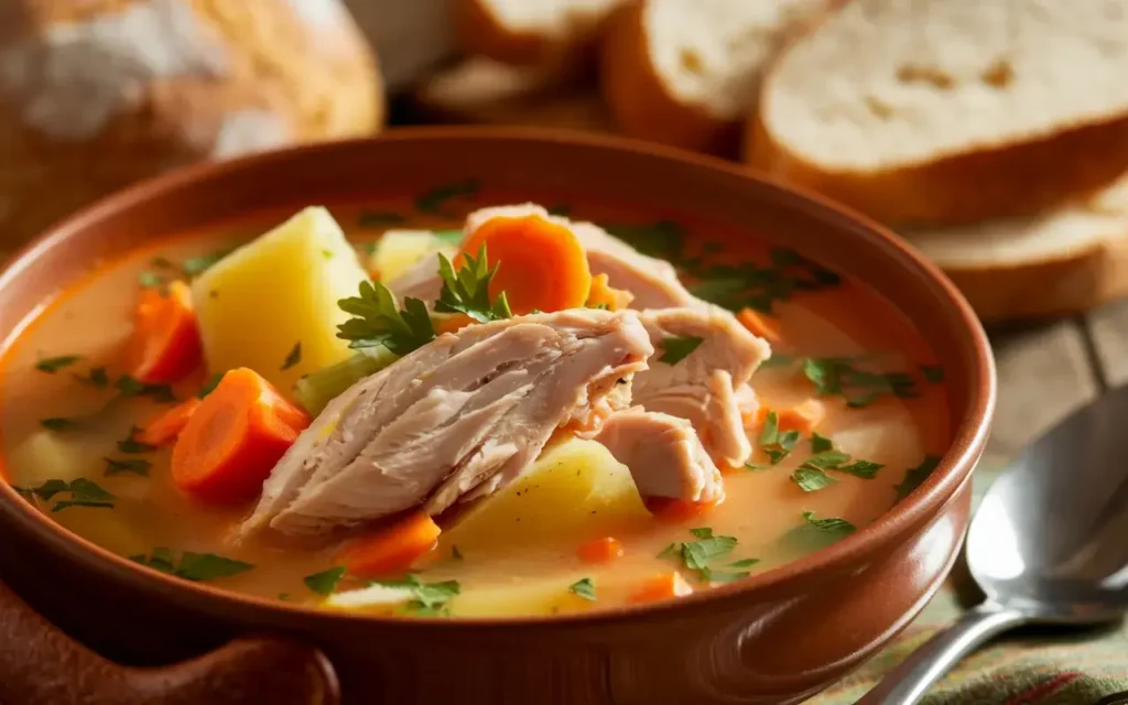 Bowl of chicken and vegetable soup with tender chicken and fresh parsley.