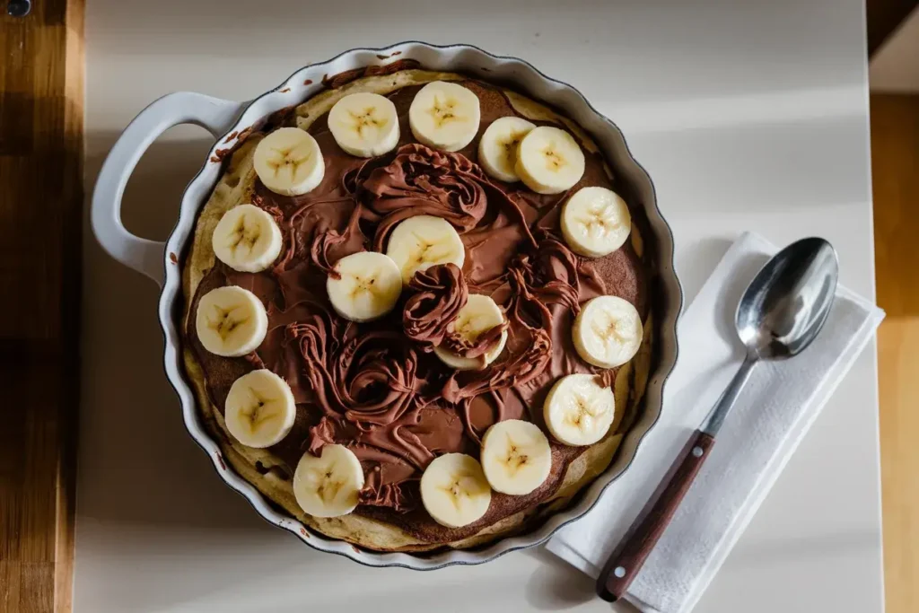 Chocolate-banana pancake casserole with layers of pancakes, chocolate, and bananas.