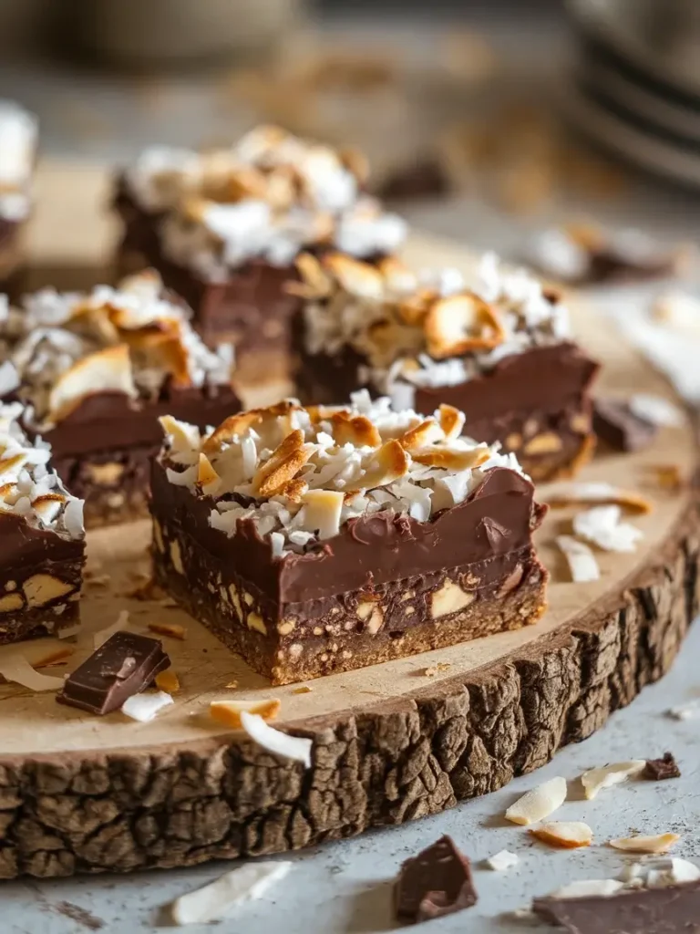 Close-up of chocolate coconut bars with gooey topping and toasted coconut on a rustic wooden board.