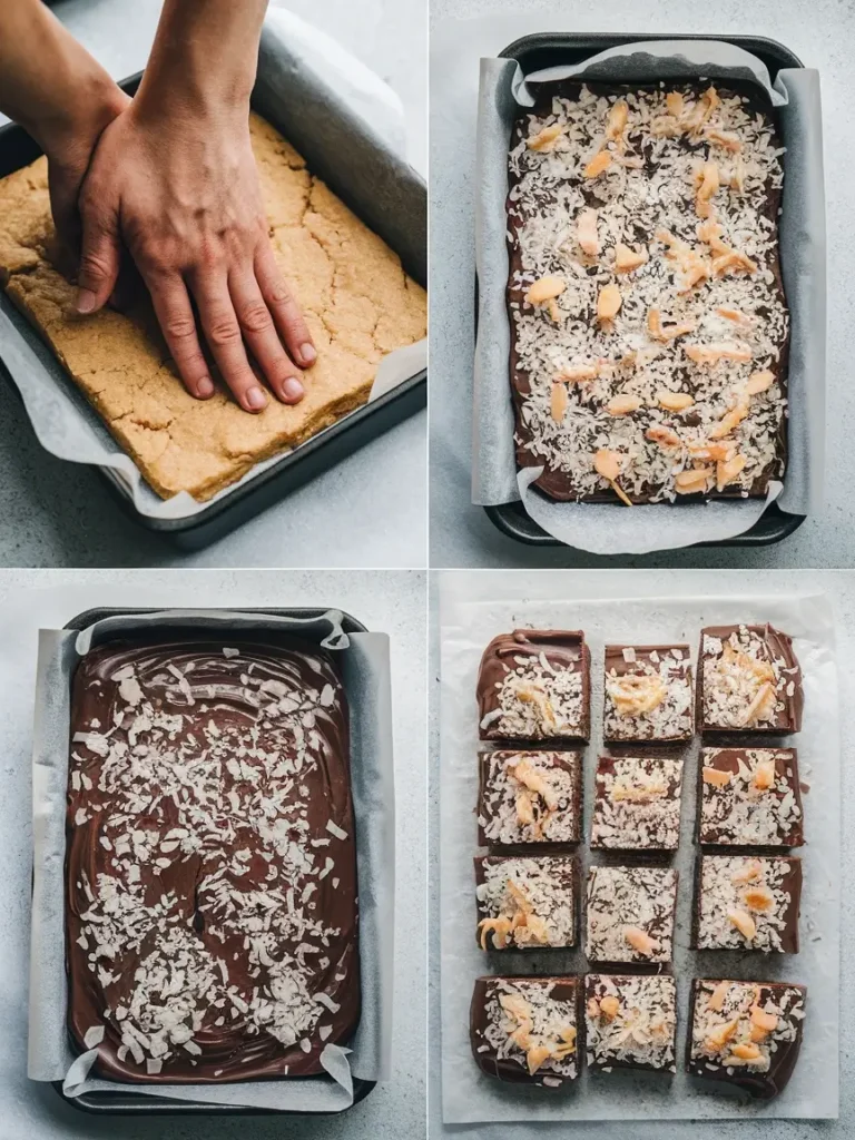 Chocolate coconut bars prepared following this recipe, neatly sliced and presented on a white plate.