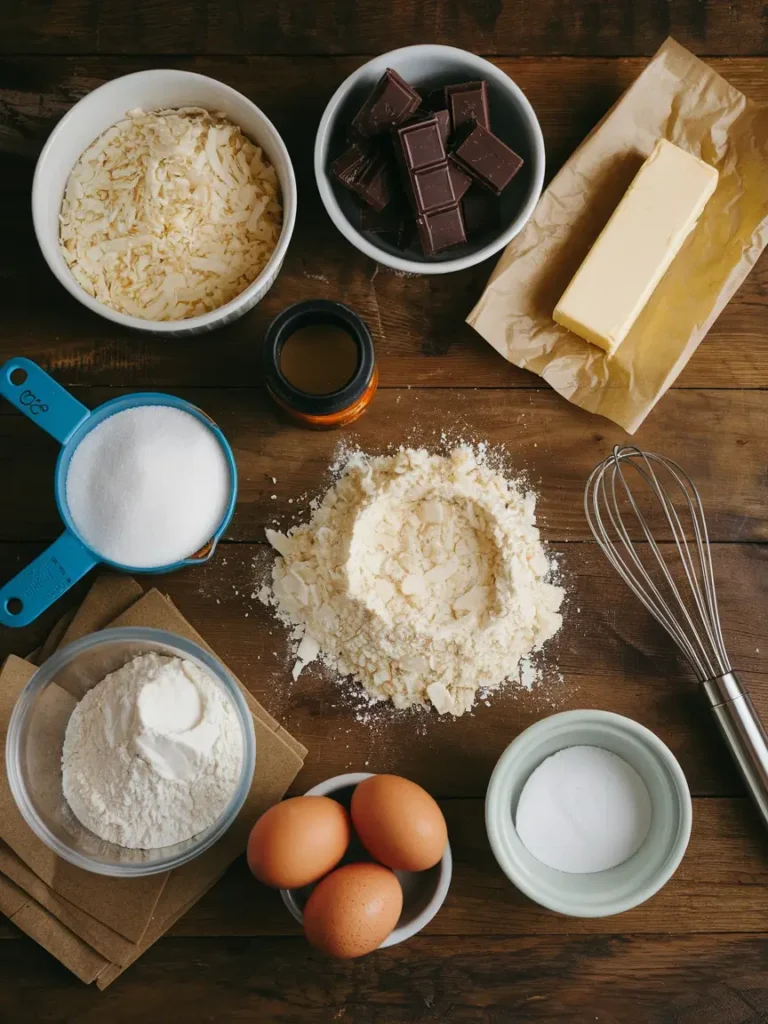 Top-down view of ingredients for chocolate coconut bars, including shredded coconut, dark chocolate chunks, butter, eggs, sugar, flour, and vanilla.