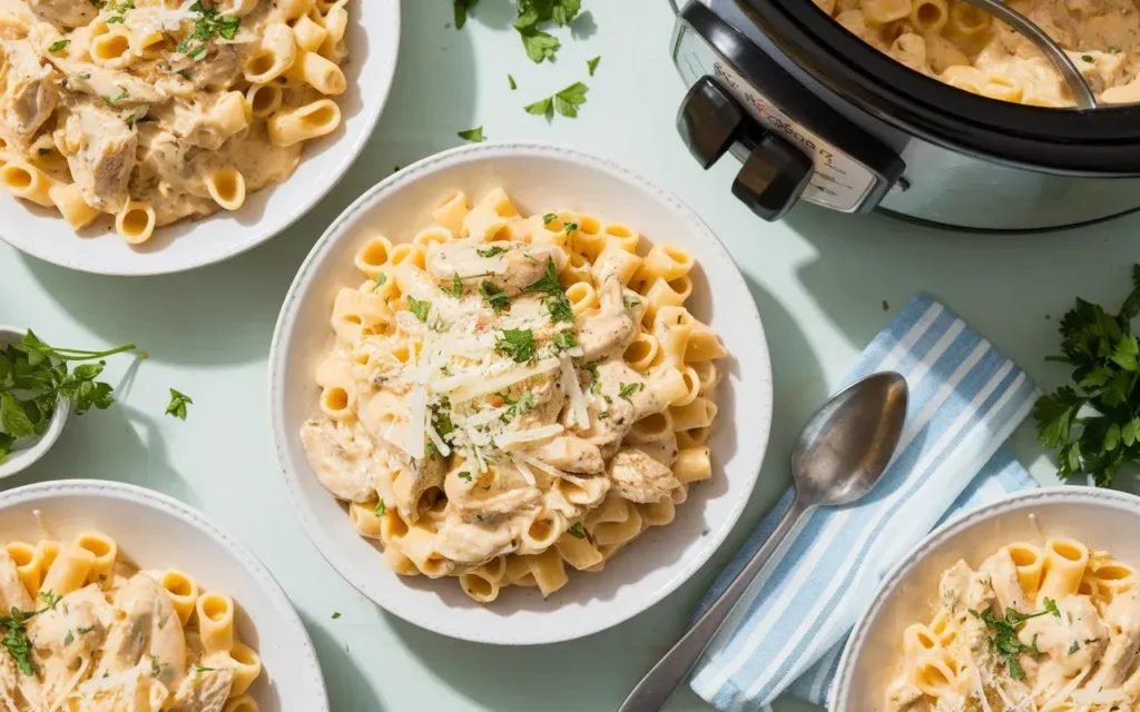 Creamy chicken Alfredo pasta topped with Parmesan and parsley.