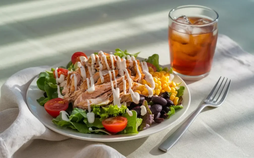 A colorful BBQ chicken salad with greens, corn, black beans, and ranch dressing on a white plate.