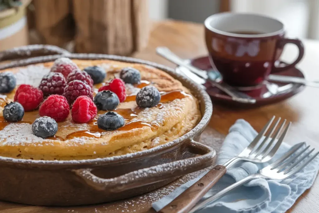 Golden pancake casserole topped with fresh berries and powdered sugar, served on a rustic table.