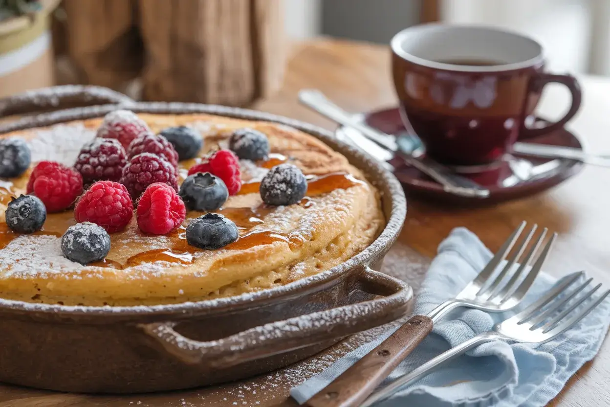 Golden pancake casserole topped with fresh berries and powdered sugar, served on a rustic table.