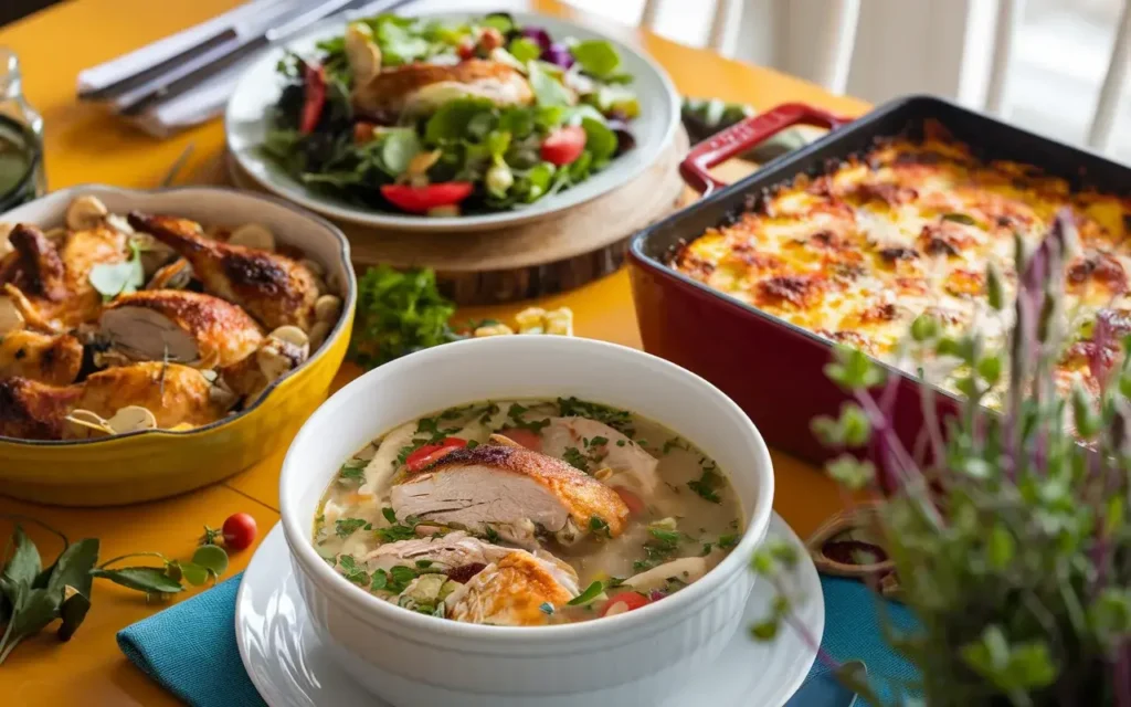 A vibrant selection of leftover rotisserie chicken recipes, including soup, casserole, and salad, styled with fresh ingredients on a wooden table.