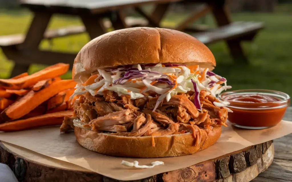 Pulled BBQ chicken sandwich on a brioche bun with coleslaw and fries.