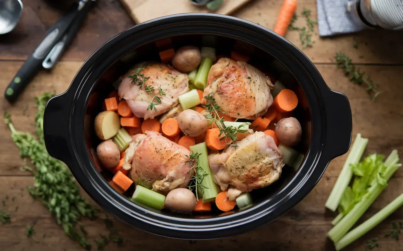 Slow cooker filled with frozen chicken and colorful vegetables, steaming hot.