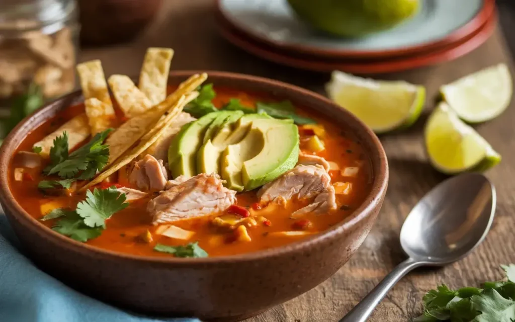 A bowl of spicy chicken tortilla soup with avocado, cilantro, and crispy tortilla strips on a wooden counter.