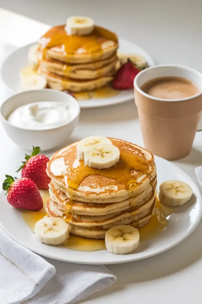 A plate of banana protein pancakes served with yogurt and strawberries.