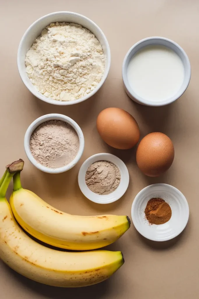 Ingredients for banana protein pancakes including bananas, protein powder, and eggs.