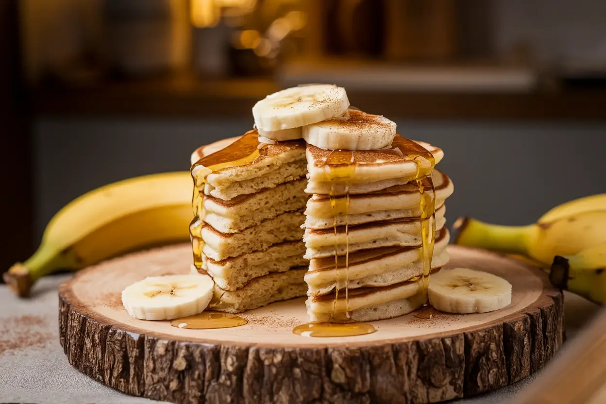 A stack of banana protein pancakes topped with banana slices and honey.