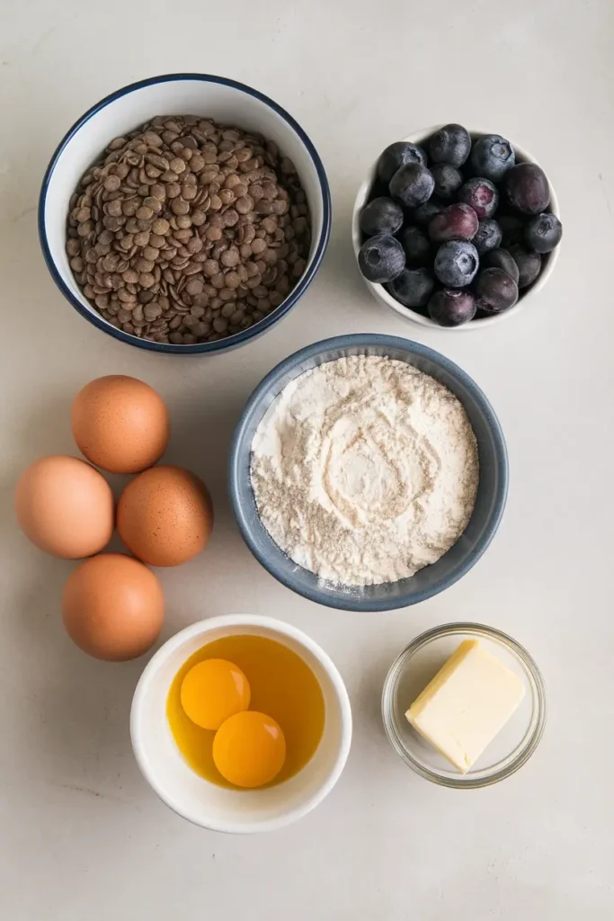 Ingredients for blueberry lentil bread displayed on a white countertop.