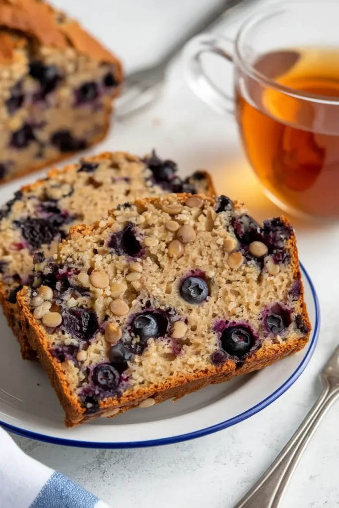 Close-up slice of blueberry lentil bread with visible whole blueberries.