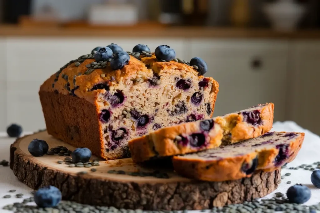 Thumbnail image of blueberry lentil bread sliced with scattered blueberries and lentils.