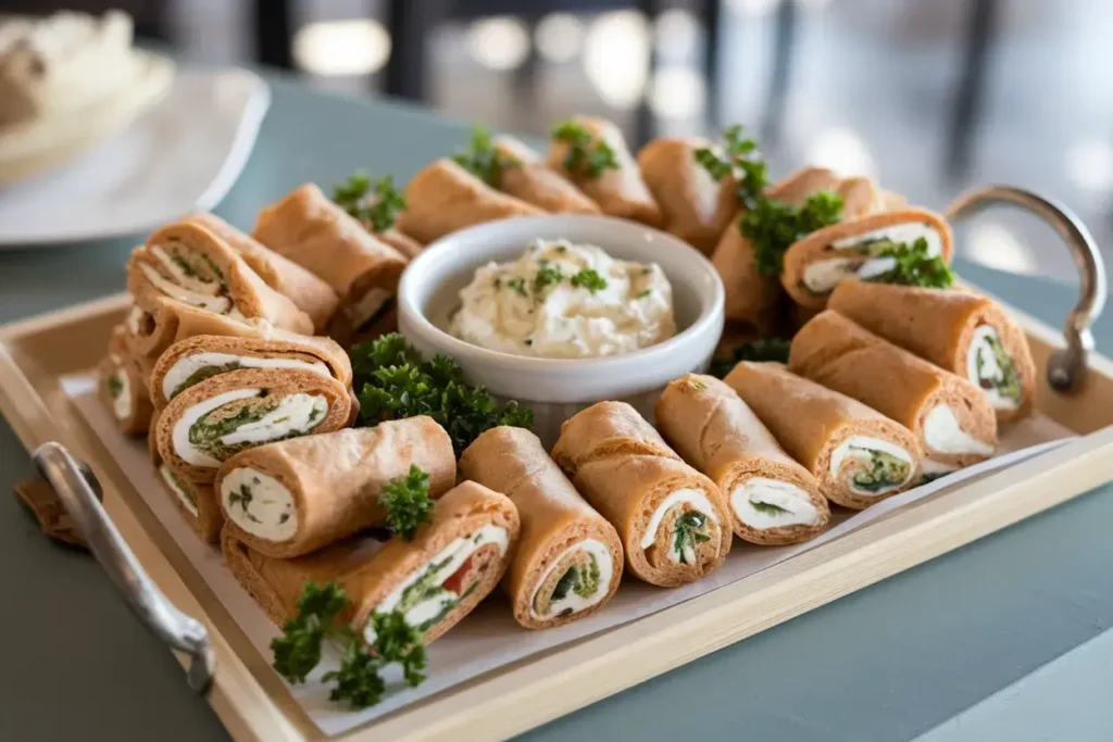 Mini wheat bread cheese roll-ups with garlic dip and parsley garnish