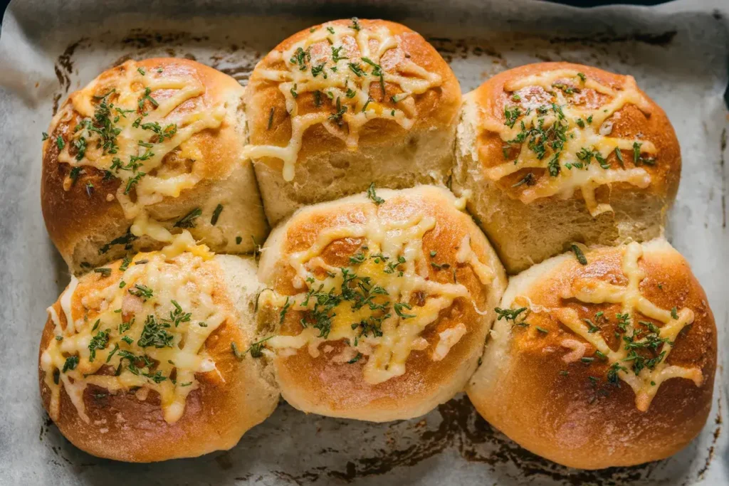 Golden-brown cheesy wheat bread rolls with melted cheese and fresh herbs