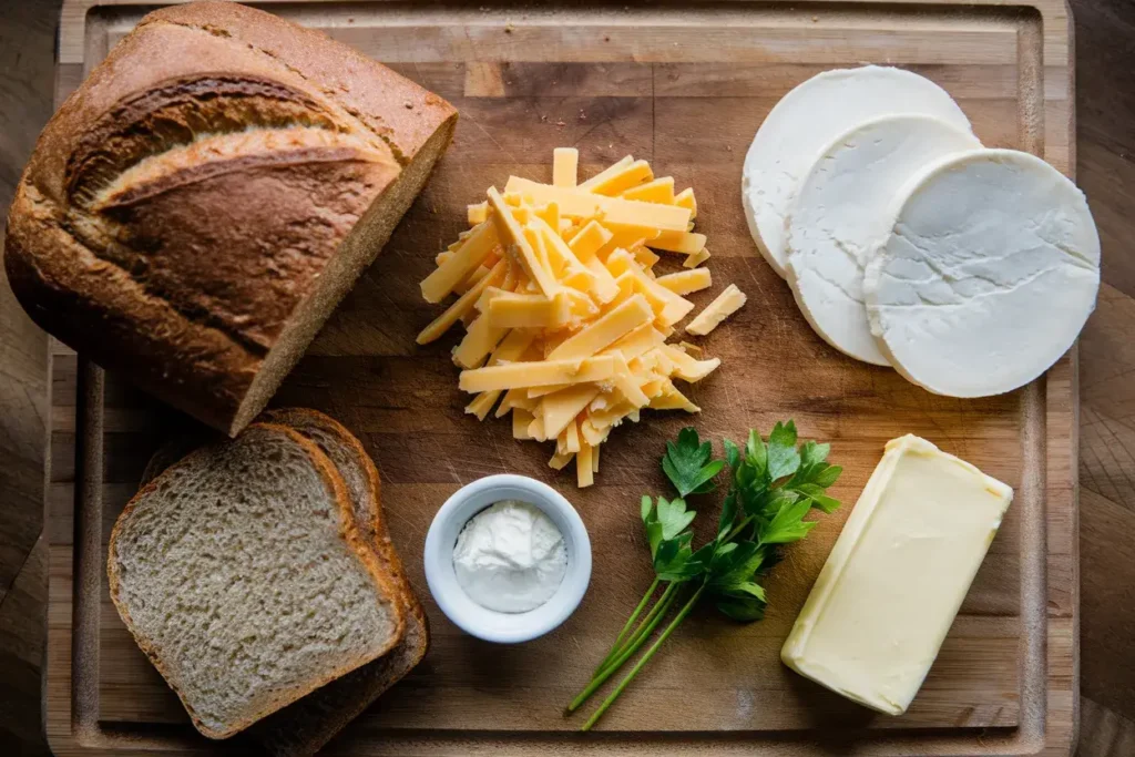 Whole wheat bread, cheddar cheese, mozzarella, butter, and parsley on a wooden board.