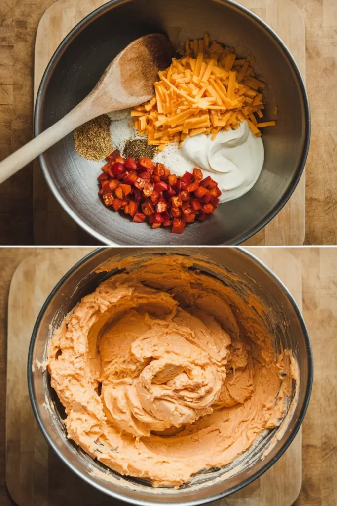 Ingredients for old-fashioned pimento cheese recipe including cheese, pimentos, and mayonnaise.