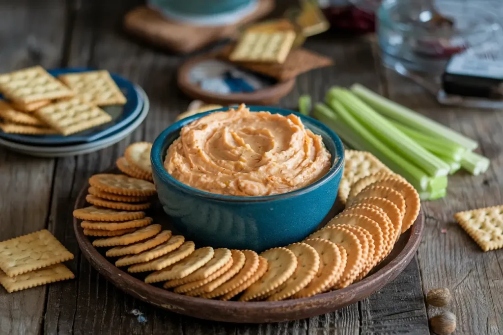 Bowl of old-fashioned pimento cheese with crackers and celery sticks.