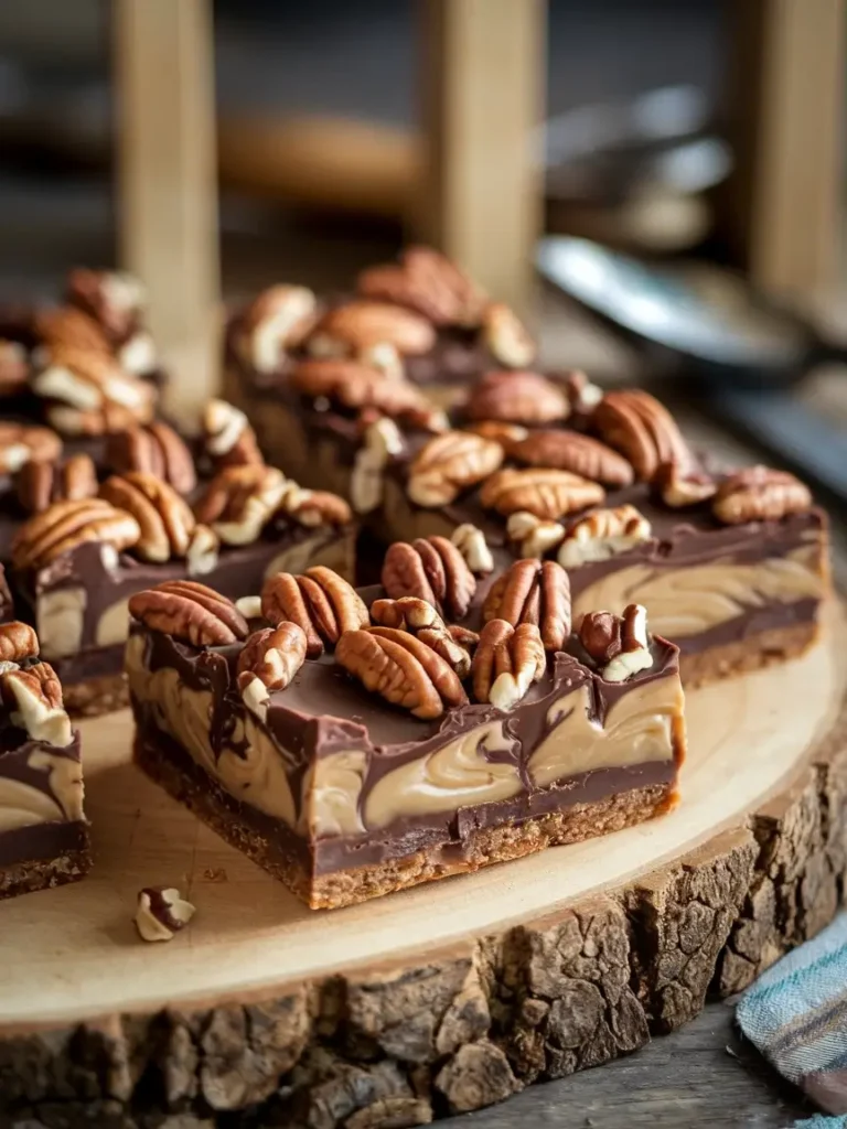 Sliced turtle cookie bars in a parchment-lined pan with pecan