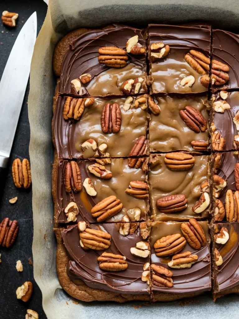 Sliced turtle cookie bars in a parchment-lined pan with pecans.