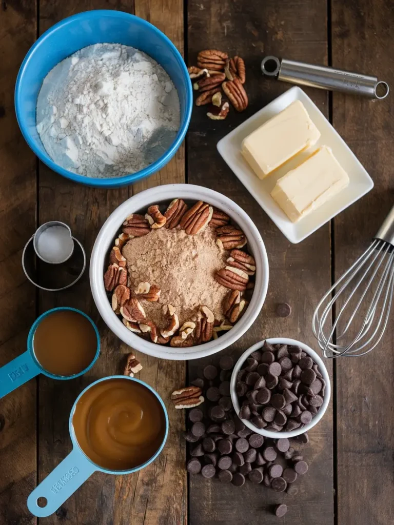 Ingredients for turtle cookie bars, including flour, sugar, pecans, and chocolate.