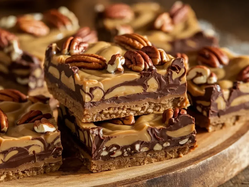 Close-up of turtle cookie bars with caramel, chocolate, and pecans.