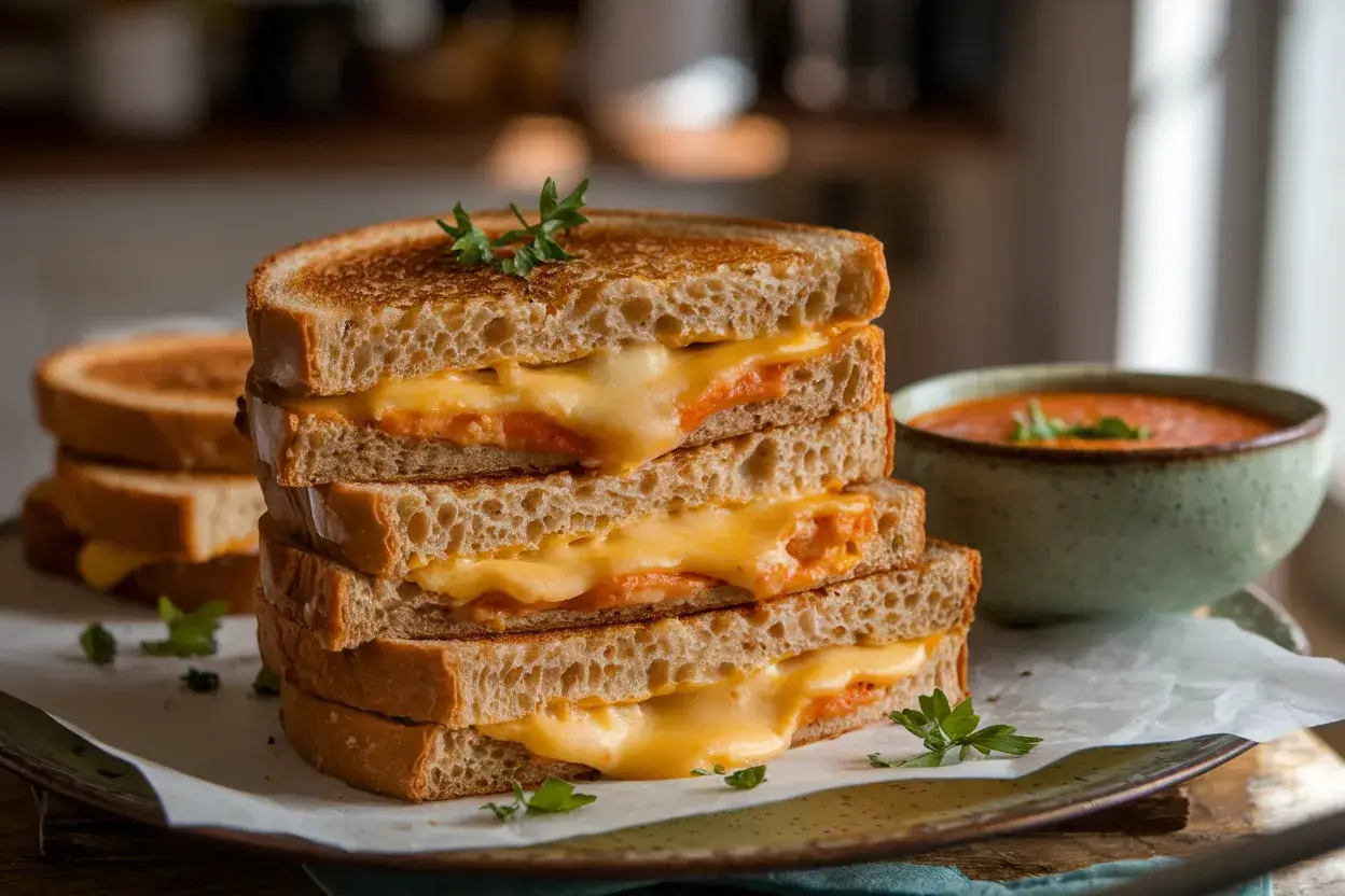 Golden grilled cheese sandwiches made with whole wheat bread and served with tomato soup.