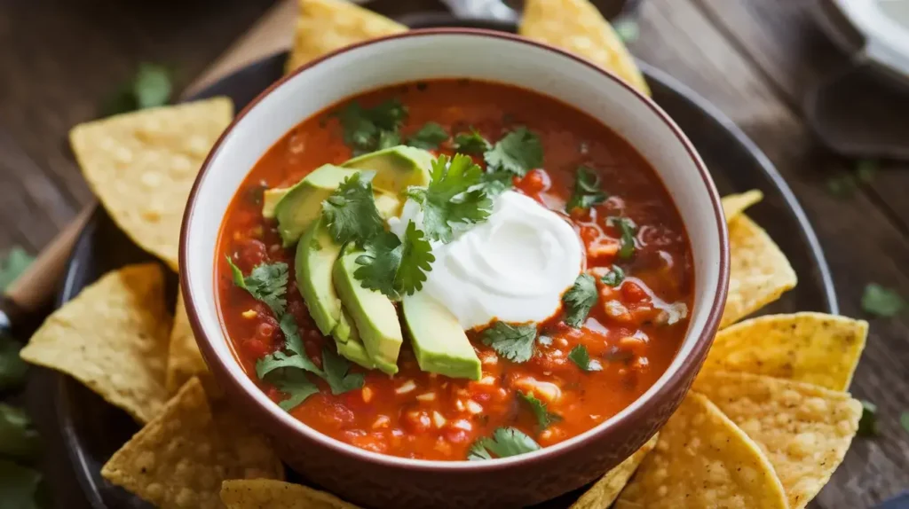 A bowl of 5 Ingredient Taco Soup garnished with cilantro, avocado, and sour cream on a wooden table with tortilla chips.