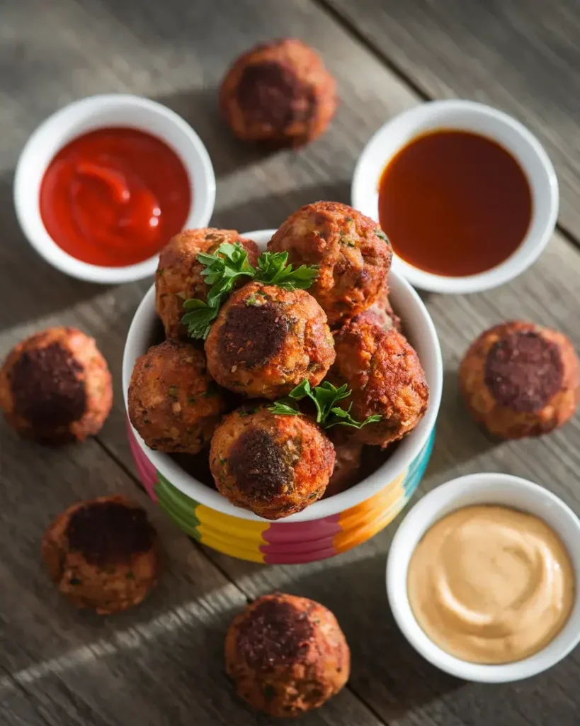 Air-fried meatballs served with marinara, BBQ, and honey mustard sauces.