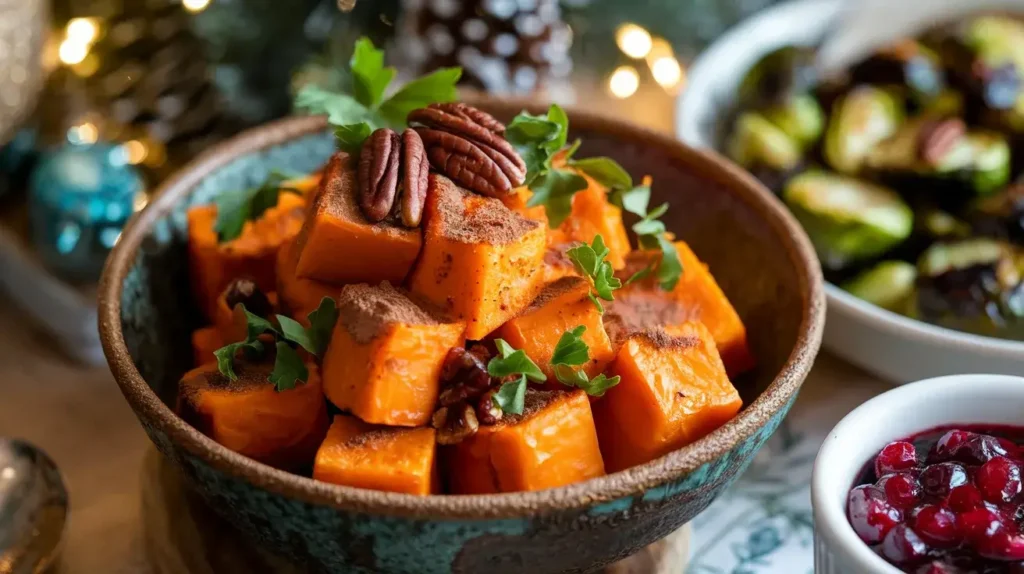 Air fryer butternut squash cubes in a white bowl with fresh thyme.