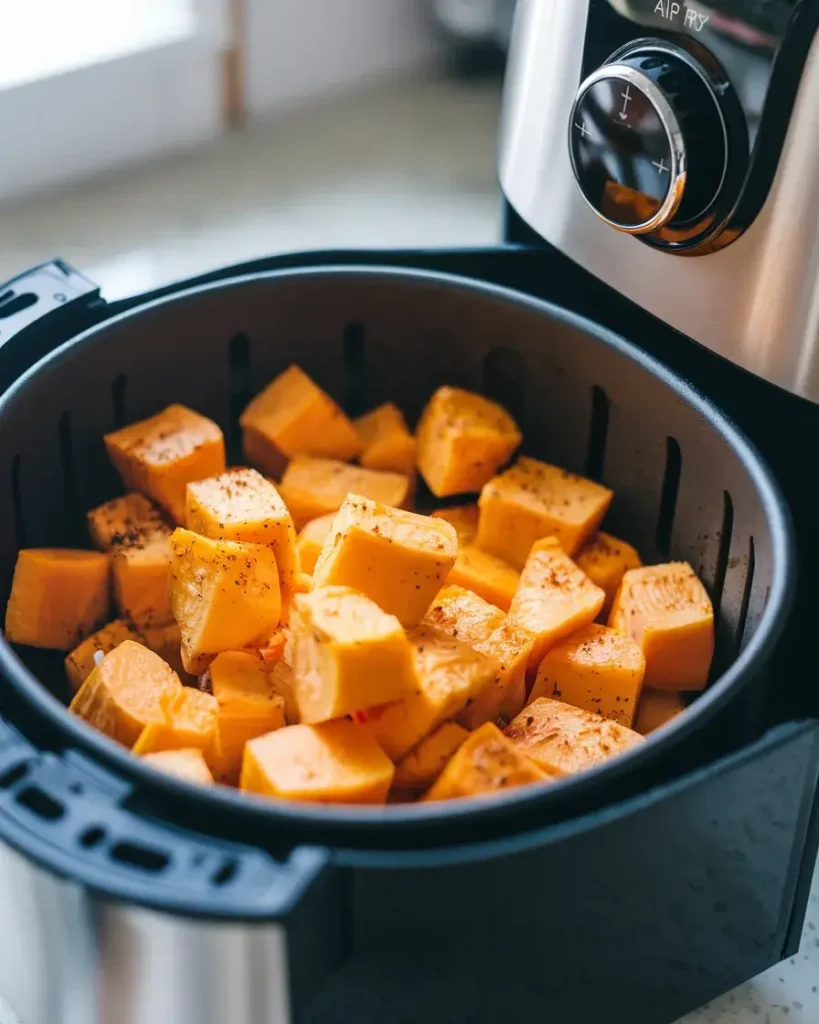 Before and after shots of butternut squash cooked in an air fryer.