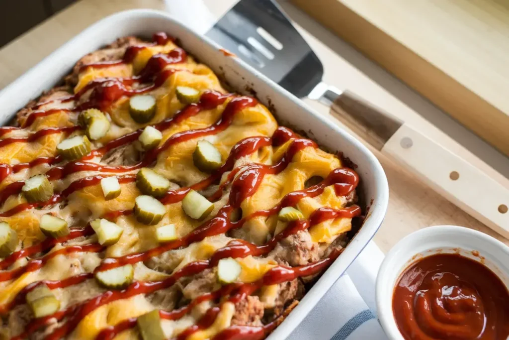 Big Mac Casserole in a white dish with melted cheese and pickles.