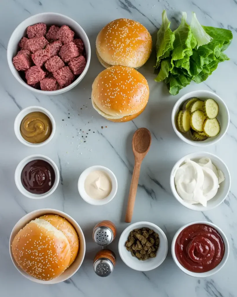 Ingredients for Big Mac Sloppy Joes, including ground beef, buns, pickles, lettuce, and condiments, laid out on a marble surface.