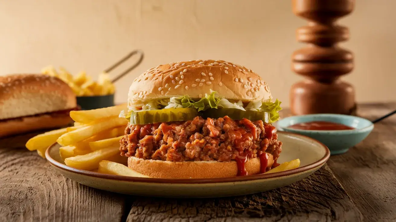 A platter of Big Mac Sloppy Joes with sesame buns, beef filling, pickles, and lettuce, served with golden fries and sauce.