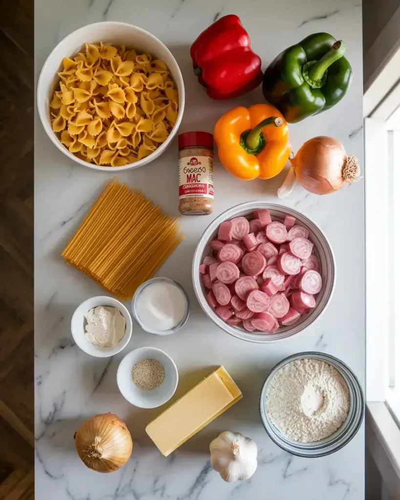 Ingredients for Cajun Mac and Cheese arranged on a marble counter, featuring pasta, cheese, sausage, and seasonings.