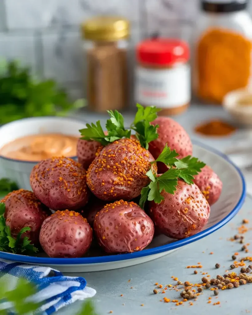 Air fryer red potatoes seasoned with Cajun spices, served with a creamy dipping sauce.