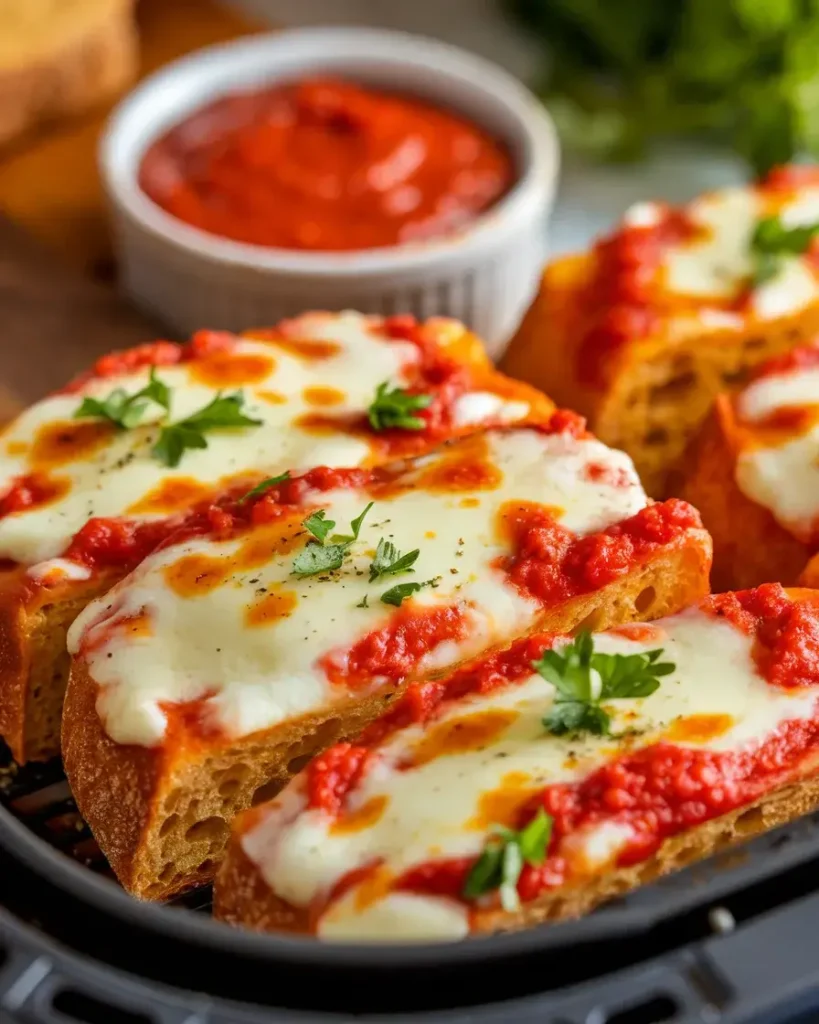 Cheesy garlic bread with melted mozzarella and parsley, served with marinara sauce.