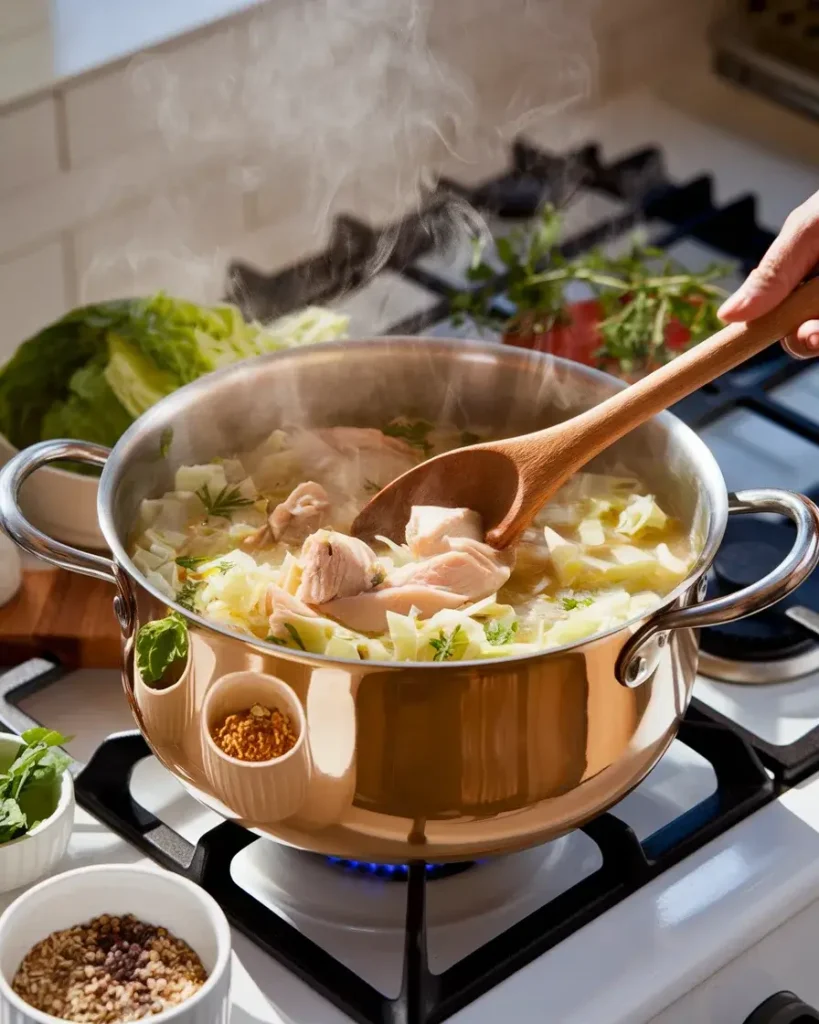 A pot of chicken cabbage soup simmering on a stovetop with steam rising.