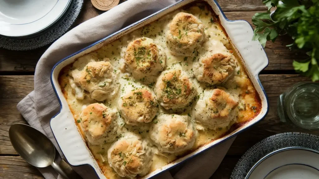 A freshly baked Chicken and Dumpling Casserole in a white dish with golden dumplings, served on a rustic wooden table.