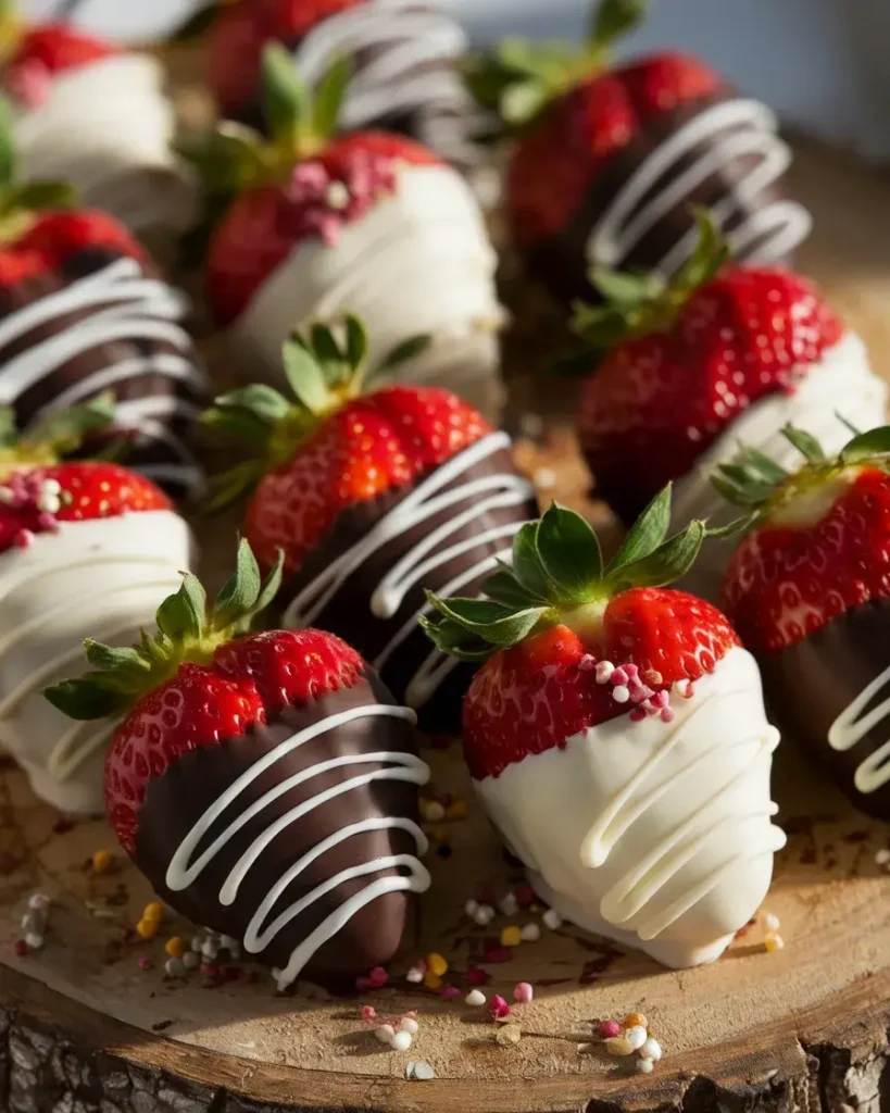 Chocolate-covered strawberries with drizzled designs and sprinkled toppings arranged on a wooden board.