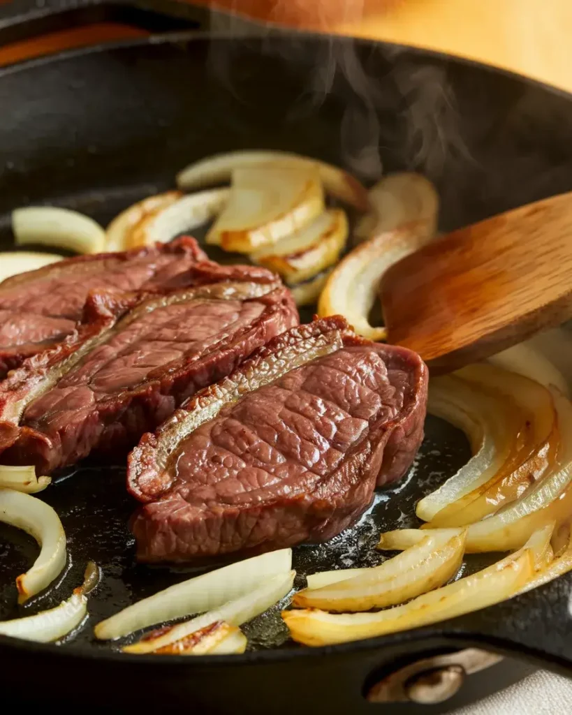 Beef liver slices frying in a skillet with caramelized onions.