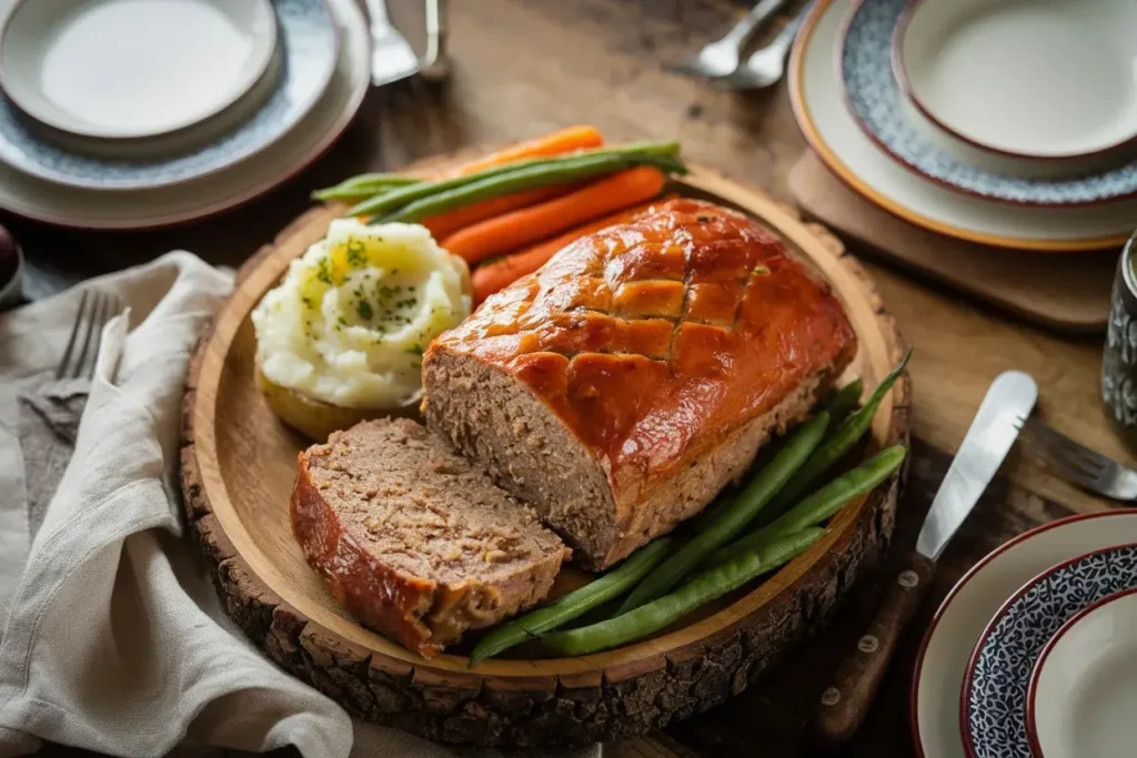 Golden-brown Lipton Onion Soup Meatloaf served with mashed potatoes, carrots, and green beans.