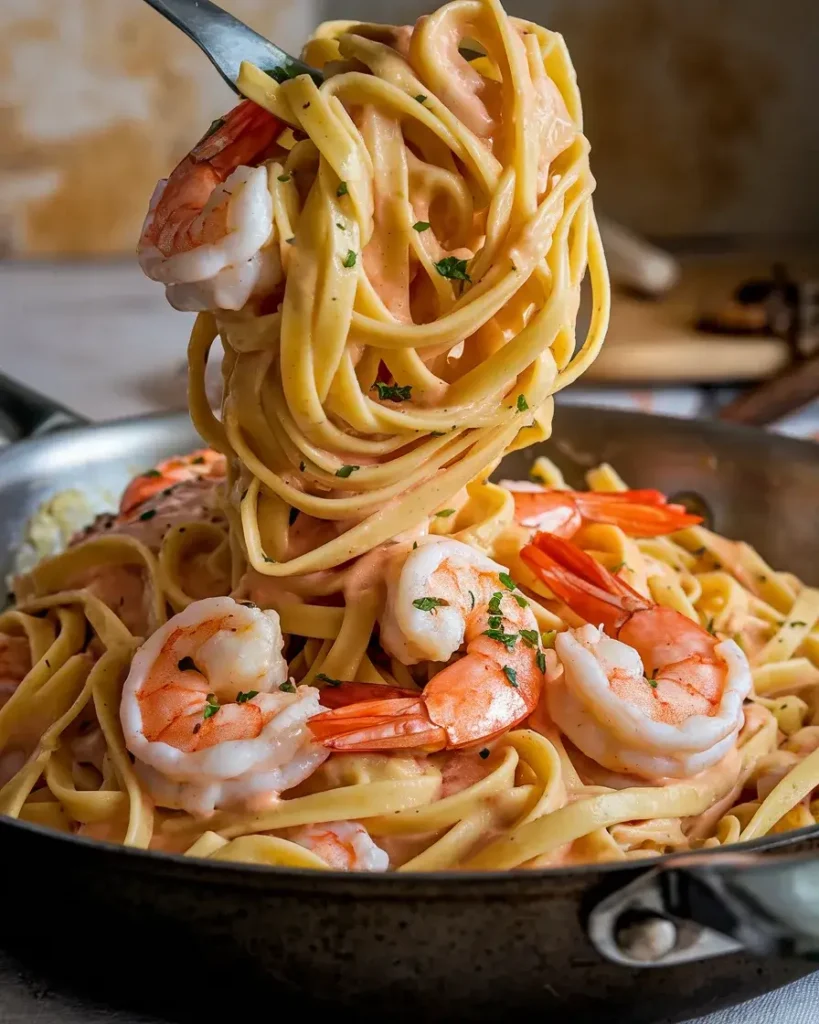 Tossing fettuccine with Cajun Alfredo sauce and shrimp in a skillet.