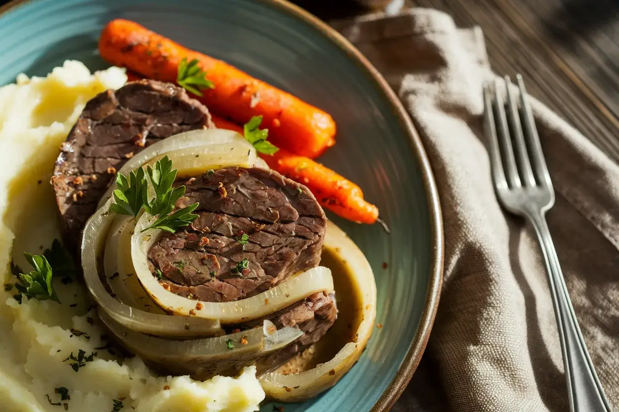 Plate of beef liver and onions served with mashed potatoes and roasted carrots.