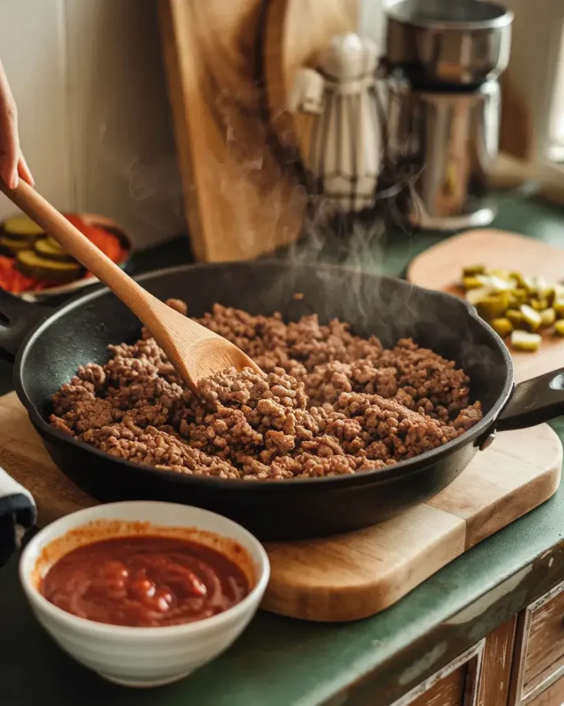 Ground beef cooking in a skillet for Big Mac Sloppy Joes, with a wooden spoon and a bowl of sauce nearby.